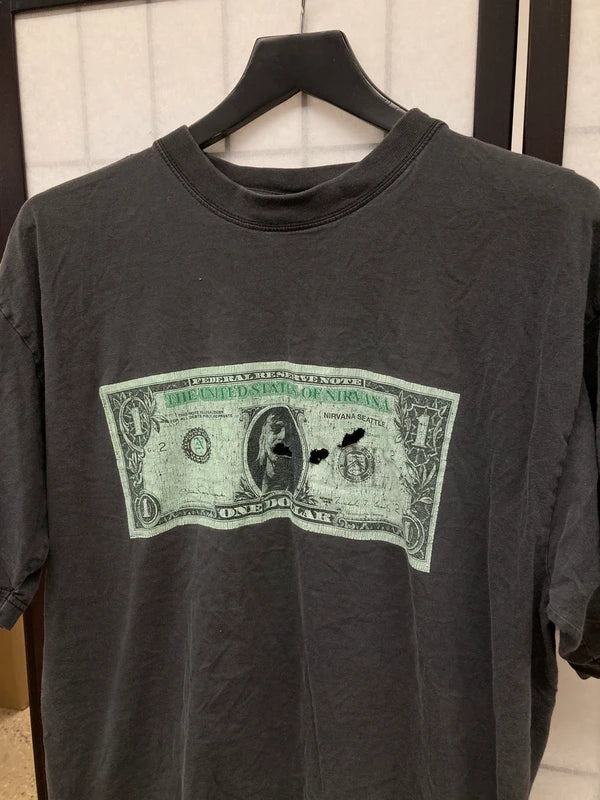 rare Vintage 90s Nirvana Kurt Cobain Merch never mind dollar bill t shirt size XL