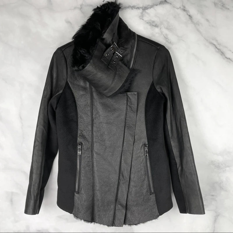 Ashley B $1795 Leather Shearling Wool Zipper Cowl Moto Biker Coat Jacket Black S