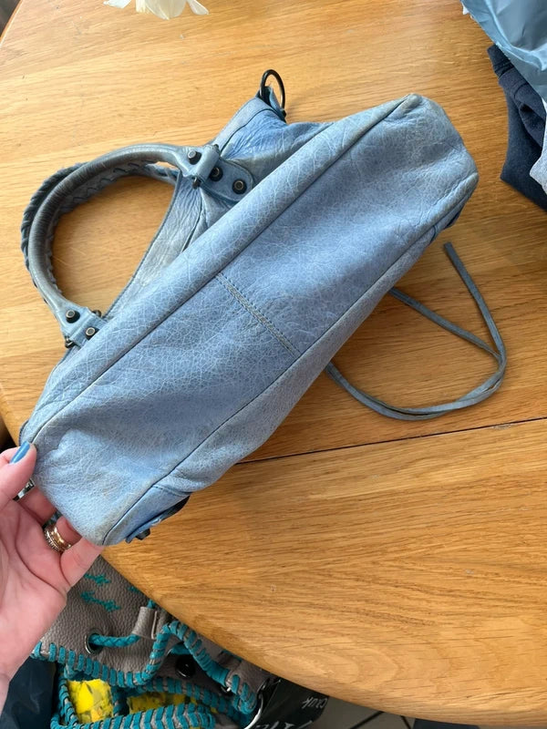 Balenciaga Classic Town Bag Blue Leather Giant Studs Crossbody Strap Authentic