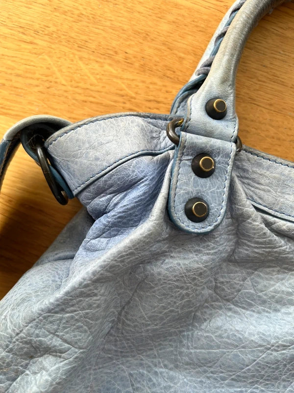 Balenciaga Classic Town Bag Blue Leather Giant Studs Crossbody Strap Authentic
