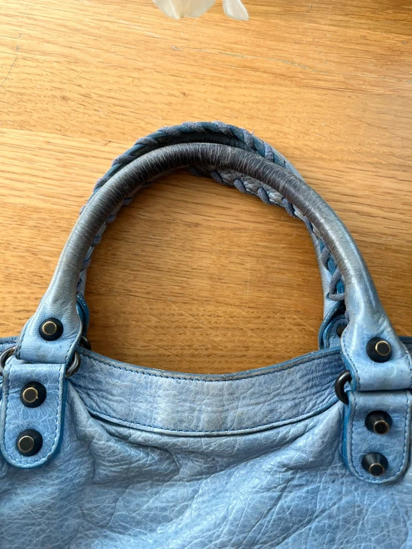 Balenciaga Classic Town Bag Blue Leather Giant Studs Crossbody Strap Authentic