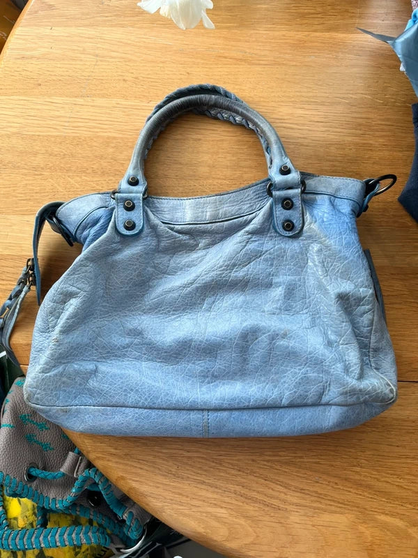 Balenciaga Classic Town Bag Blue Leather Giant Studs Crossbody Strap Authentic